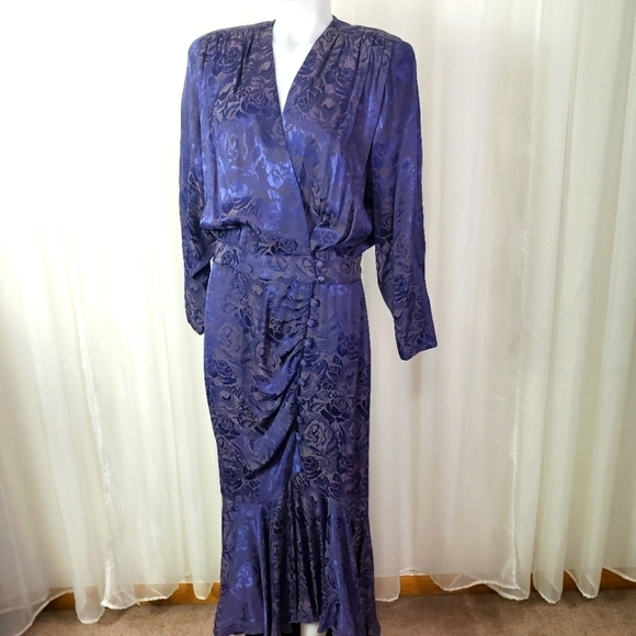 Vintage B.B. Collections purple floral wrap dress covered button mermaid hem 12 - Picture 1 of 14